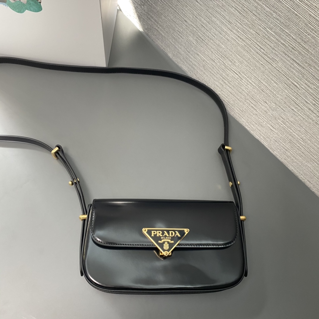 Prada Patent Leather Shoulder Bag With Flap Black 1BD339